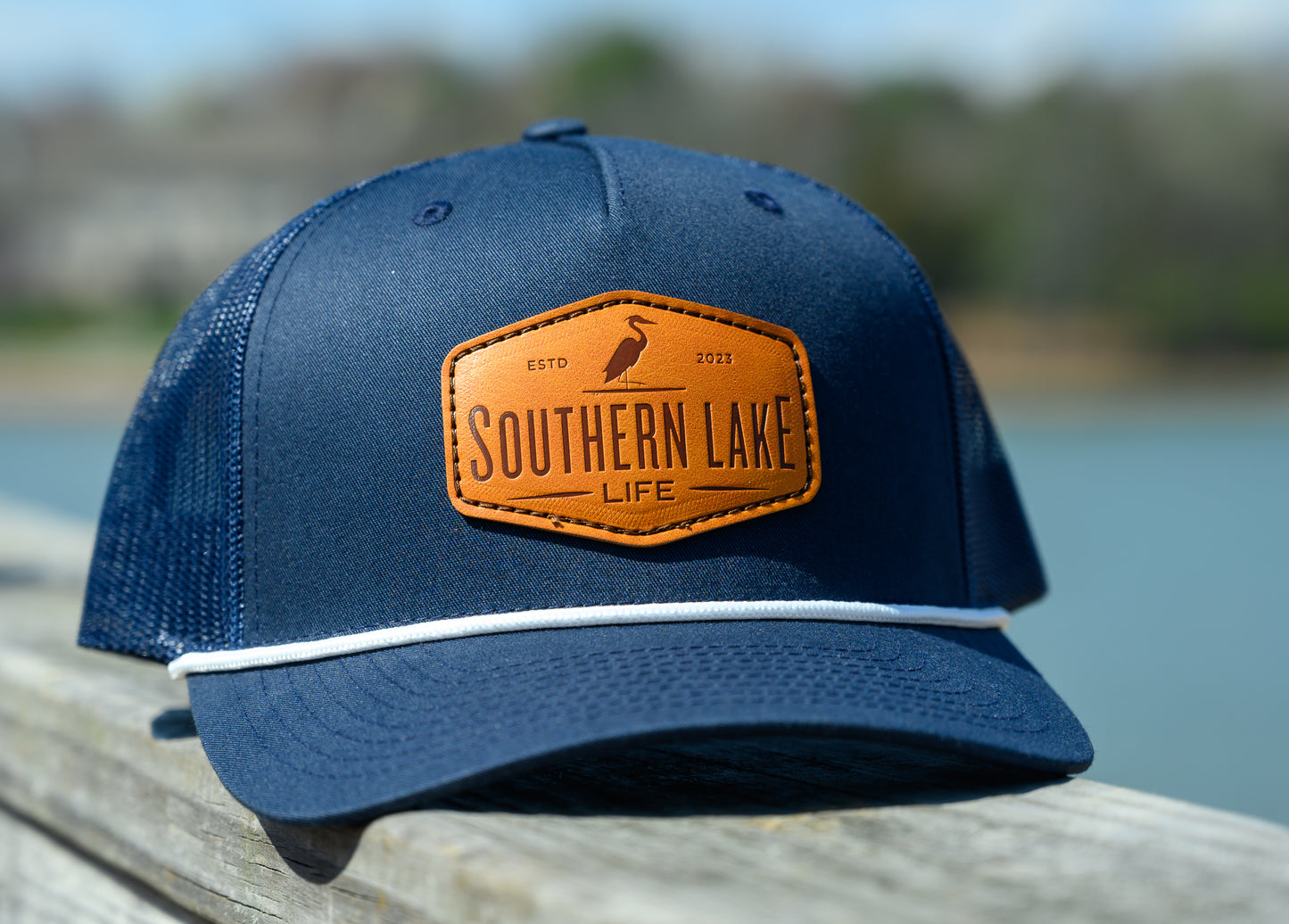 The Southern Lake Life: Leather Patch Trucker Rope Hat - Navy