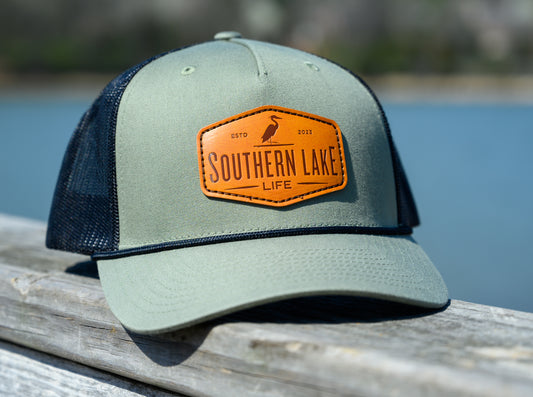 The Southern Lake Life: Leather Patch Trucker Rope Hat - Loden Green / Black