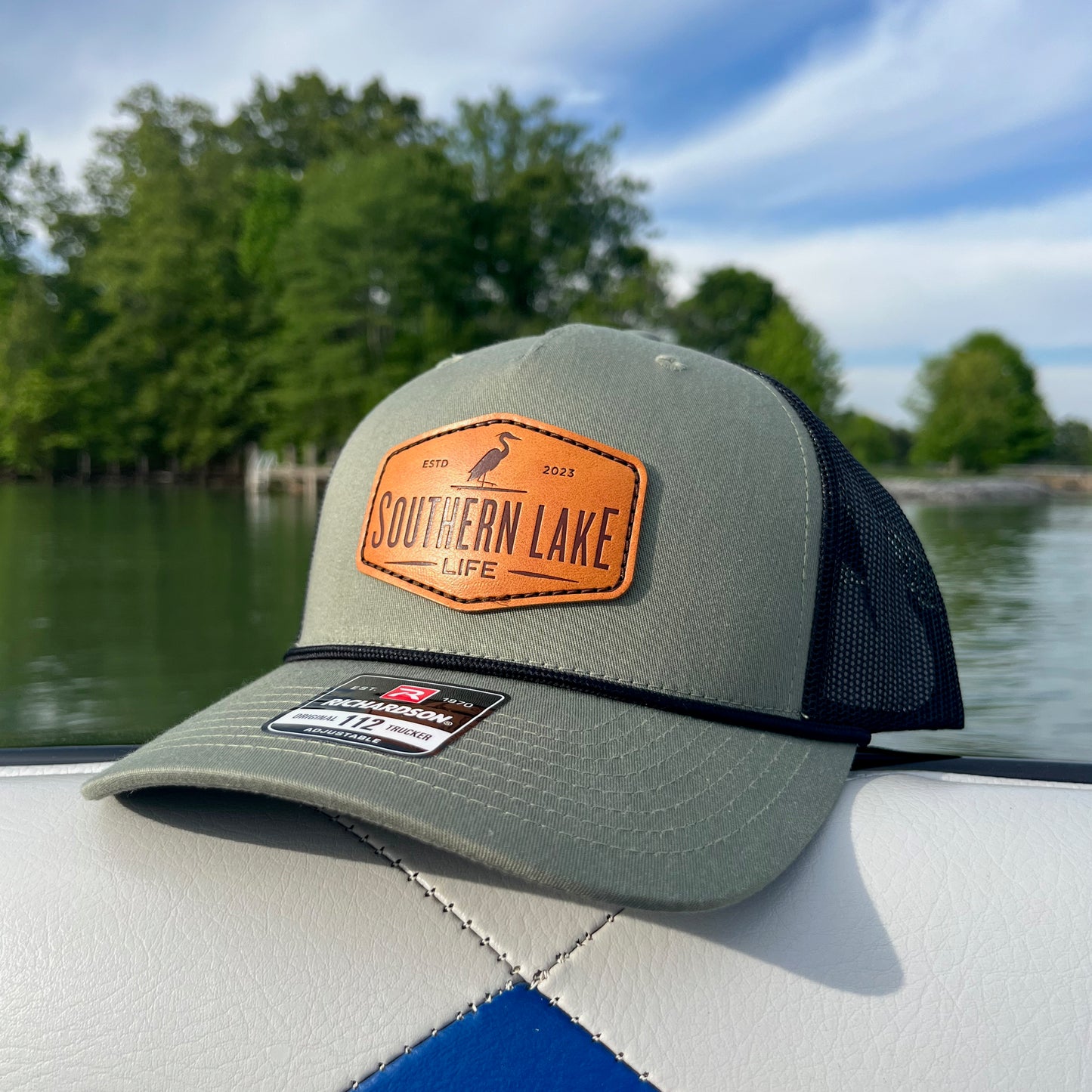 The Southern Lake Life: Leather Patch Trucker Rope Hat - Loden Green / Black