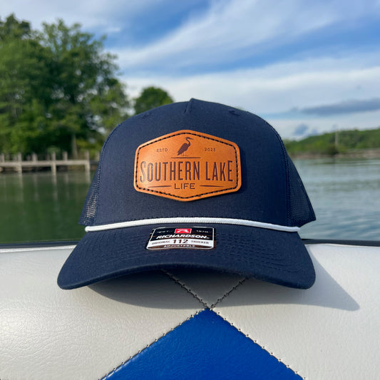The Southern Lake Life: Leather Patch Trucker Rope Hat - Navy